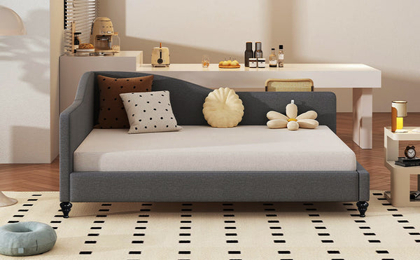 English Elm Full Size L-shaped Linen Upholstered Daybed with Solid Wood Legs for Corner Lounging Gray SF100146AAE-1