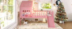 English Elm Twin Playhouse Loft Bed Solid Pine Frame with Slide Led Lights and Star Roof Pink W5316S00006