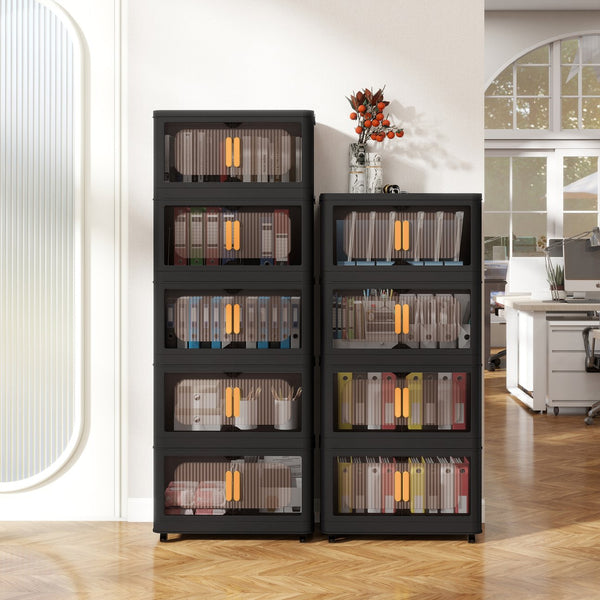 English Elm Black,24" Folding Storage Cabinet 4-Tier Collapsible Plastic Organizer with Wheels, Magnetic Door, Durable PP W2873P289712