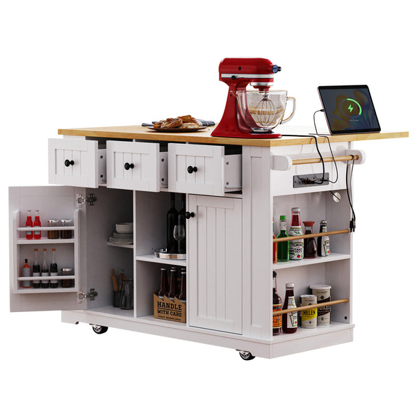 English Elm K&k 53 Inch Rolling Kitchen Island with Drop Leaf Power Outlet and Open Storage Racks White N707S185531W