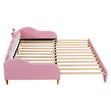 English Elm Twin Extending Daybed With Led Lights, Modern Upholstered Princess Daybed With Crown Headboard,Pink