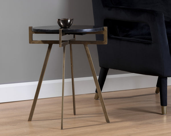 Sunpan Anak End Table – Rustic Elegance with Antique Brass Frame and Unique Natural Marble Top Design Black