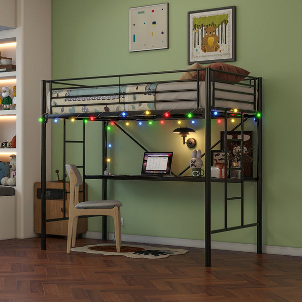 English Elm Twin Metal Loft Bed with Desk, LED Mood Lights, Full Safety Guardrails, Built-in Power Outlet & USB W840P192240