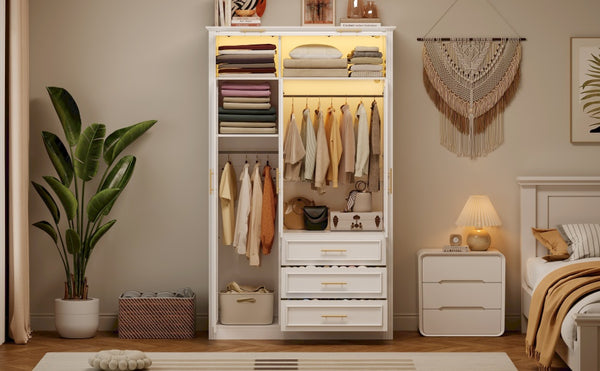 English Elm 3 Door Wardrobe Armoire Closet with LED Lighting, 4-Door Style, 3 Drawers, White Gold Accents, Spacious Storage N7090001843K