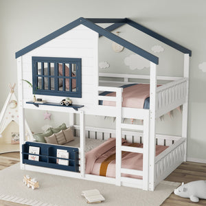 English Elm Full Bunk Bed with Trundle Bookshelf Storage Pine Frame Car Design for Kids White W1580S00552
