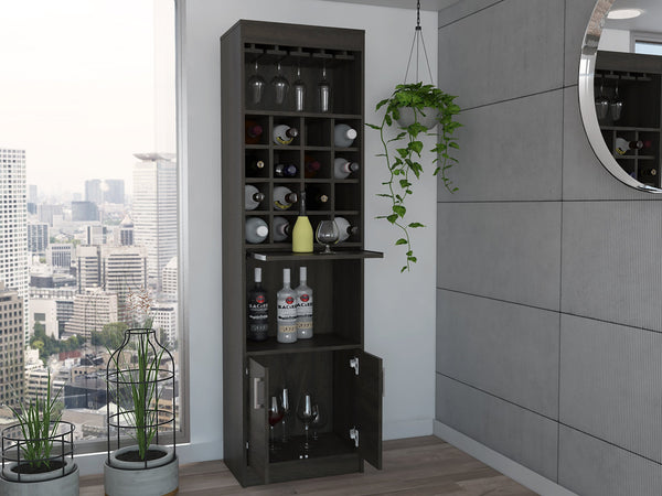 English Elm Illinois Bar Cabinet with 16 Bottle Cubbies, Glass Rack for 8, Cabinet & Open Shelf — Stylish, Ergonomic Storage B128S00031