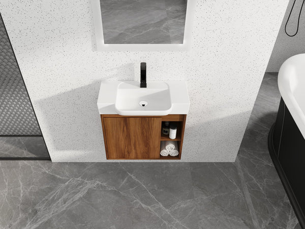 English Elm 24'' Wall-Mounted Bathroom Vanity with White Ceramic Sink, Soft-Close Door, Open Shelves, Moisture-Resistant Finish W999P263406