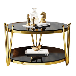 English Elm 31.5inch Modern Luxury Gold Coffee Table with Two-Tier Storage, Tempered Glass Top, Elegant Crown Design Black W1550P171454