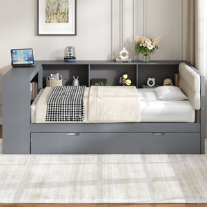 English Elm Wood Twin Platform Bed Linen Headboard Storage Shelves Trundle Charging Station Gray N709P004023E