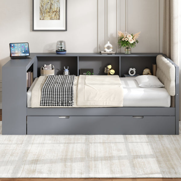 English Elm Wood Twin Platform Bed Linen Headboard Storage Shelves Trundle Charging Station Gray N709P004023E