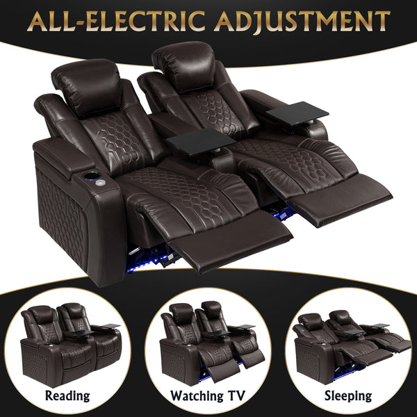 English Elm 68.9"power Recliner Set Top-grain Nappa Leather Rgb Led Home Theater Seating Coffee W3819S00100