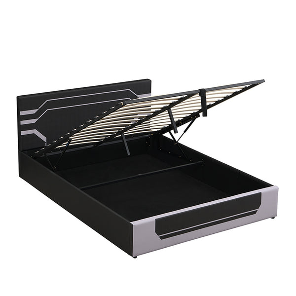 English Elm Modern Cyberpunk Queen Platform Bed Hydraulic Storage Pu Upholstered Gaming Frame Black+ Gray SF000205AAE
