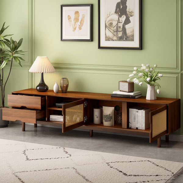 English Elm 78 Inch Rattan Media Console with Rubberwood Legs Walnut Finish Living Room Storage N710P407810P