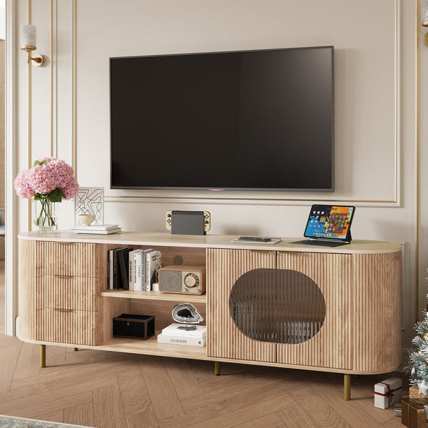 English Elm 65 Inch Fluted Media Console with Marble Look Top Gold Hardware Natural Finish Oak T5618P448226