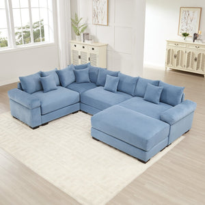 English Elm Oversized Modular Sectional Couch With Movable Ottoman - Luxurious Blue Corduroy, Ergonomic Comfort W714S01359-GIGA