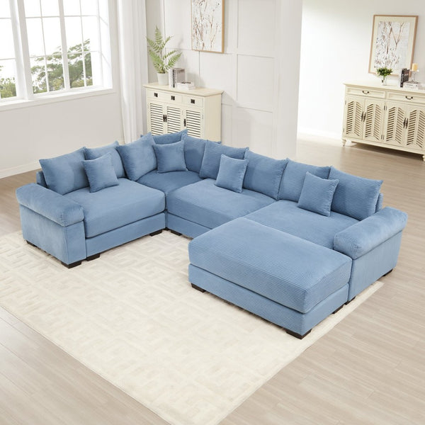 English Elm Oversized Modular Sectional Couch With Movable Ottoman - Luxurious Blue Corduroy, Ergonomic Comfort W714S01359-GIGA