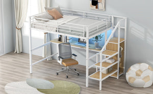 English Elm Full Size Metal Loft Bed With Desk, Storage Staircase, Wardrobe & Led Light For Small Spaces GX000620AAK-1