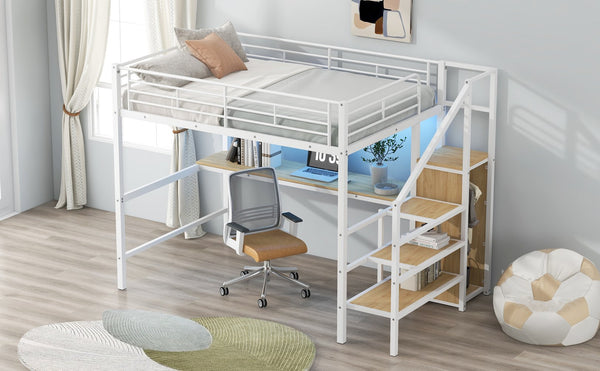 English Elm Full Size Metal Loft Bed With Desk, Storage Staircase, Wardrobe & Led Light For Small Spaces GX000620AAK-1