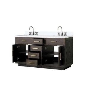 English Elm Brown Oak 60" Double Bath Vanity with White Quartz Top, Soft-Close Drawers & Chrome Faucets Set B2731P257740