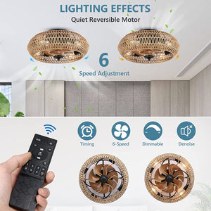 English Elm Rattan 5-Bulb Ceiling Fan Light with Remote, Dimmable LED, Reversible Quiet DC Motor, Timer Modes W2738P242331