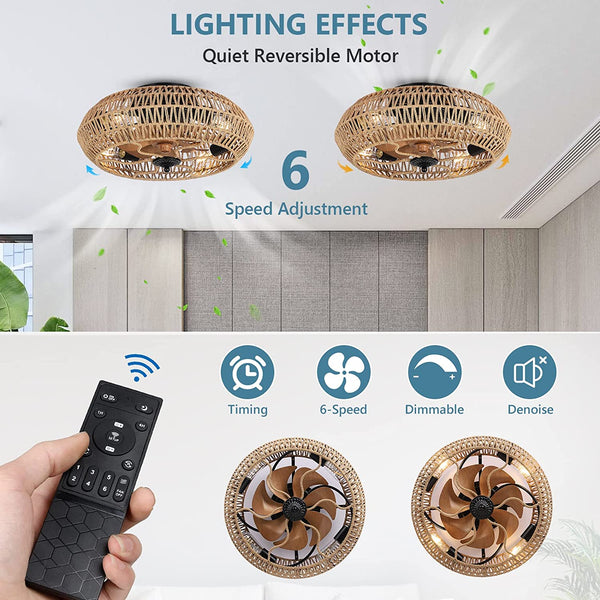 English Elm Rattan 5-Bulb Ceiling Fan Light with Remote, Dimmable LED, Reversible Quiet DC Motor, Timer Modes W2738P242331