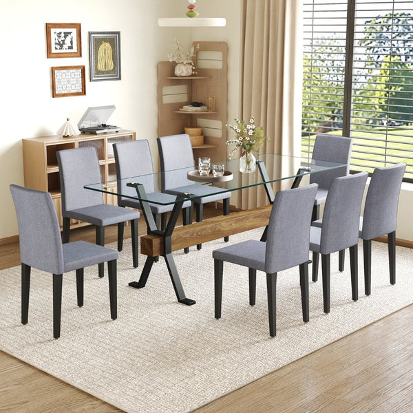 English Elm Table Set With 79" Tempered Glass Top & 8 Light Gray Linen-Cotton Chairs - Modern Elegance For Dining W1151S03619-GIGA