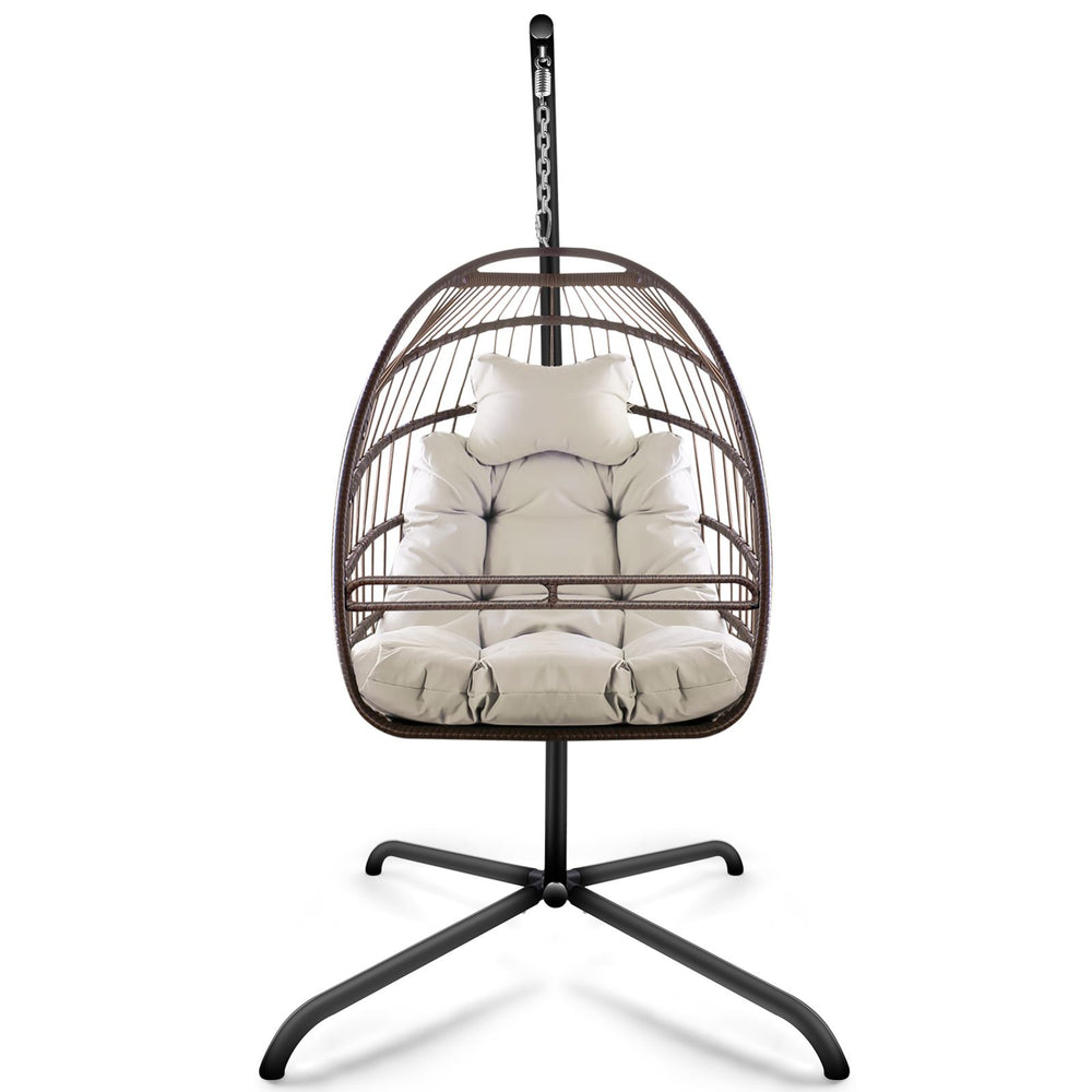 English Elm Swing Egg Chair with Stand - Foldable Wicker Rattan Hanging Basket, Safety Guardrail & Cup Holder beige brown W2707P184390