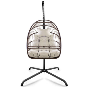 English Elm Swing Egg Chair with Stand - Foldable Wicker Rattan Hanging Basket, Safety Guardrail & Cup Holder beige brown W2707P184390