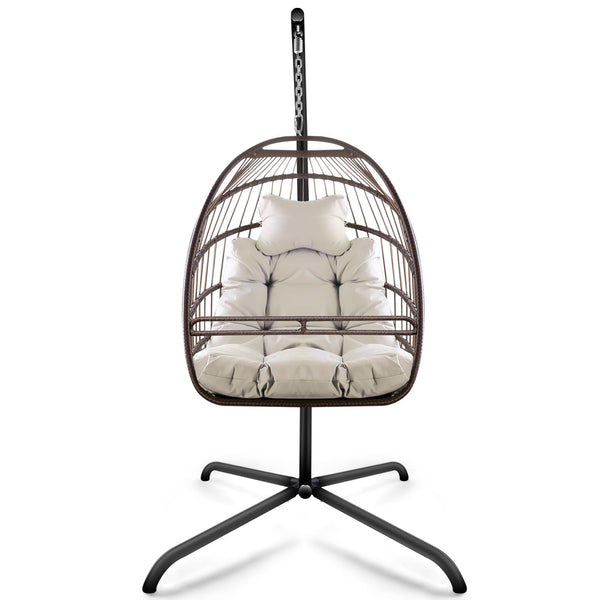 English Elm Swing Egg Chair with Stand - Foldable Wicker Rattan Hanging Basket, Safety Guardrail & Cup Holder beige brown W2707P184390