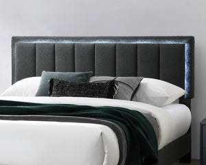 English Elm 1pc Queen Size Bed Wool Upholstered Platform with Channel Tufted Headboard and Built‑In LED Lighting Charcoal 66 L x 29 W x 9 H B011P238968