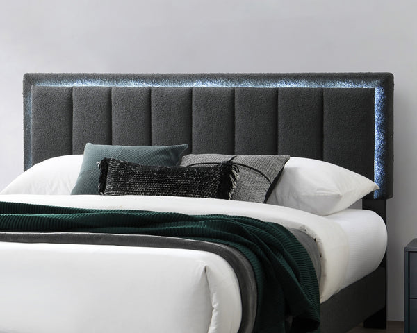 English Elm 1pc Queen Size Bed Wool Upholstered Platform with Channel Tufted Headboard and Built‑In LED Lighting Charcoal 66 L x 29 W x 9 H B011P238968