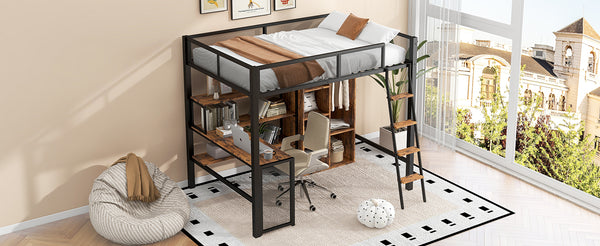 English Elm Full Full Size Metal Loft Bed with Built-In Desk, Wardrobe & Shelves in Black — Space-Saving, Sturdy Design (Fits 6" Mattress) GX001134AAB