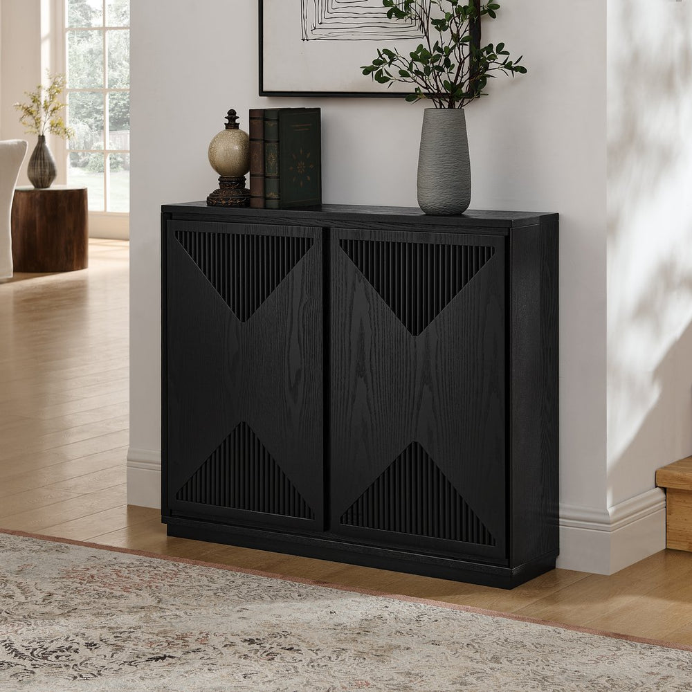 English Elm Mid Century Modern V-Shape Storage Cabinet – Stylish Buffet & Sideboard For Small Spaces, Black Finish W1801P362148