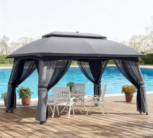 English Elm Large Vented Two-tier Patio Gazebo with Mesh Netting Steel Frame Backyard Shelter Dark Grey T3971P425932