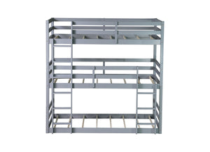 English Elm Triple Rubber Wood Bunk Bed with Built-In Ladders and Guardrails Maximizes Space for Families, Durable Design Grey W504S00174