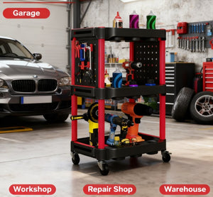 English Elm Capacity Three Tier Plastic Rolling Workshop Cart with Hooks Side Shelves Garage T3971P412713