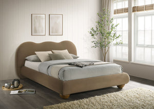 English Elm Brown Boucle Eastern King Bed Camel Back Headboard Round Bun Feet Upholstered Frame Brown B2741S00833