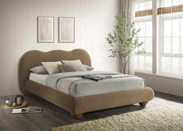 English Elm Brown Boucle Eastern King Bed Camel Back Headboard Round Bun Feet Upholstered Frame Brown B2741S00833