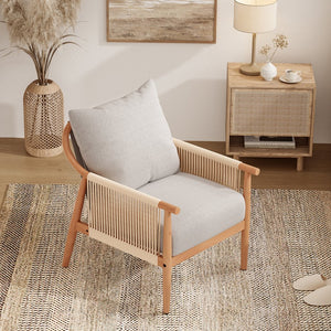 English Elm Braid Armchair Mid Century Modern Linen Wood Accent Chair with Ergonomic Support and Plush Cushioning Beige T3623P409102