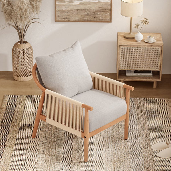 English Elm Braid Armchair Mid Century Modern Linen Wood Accent Chair with Ergonomic Support and Plush Cushioning Beige T3623P409102