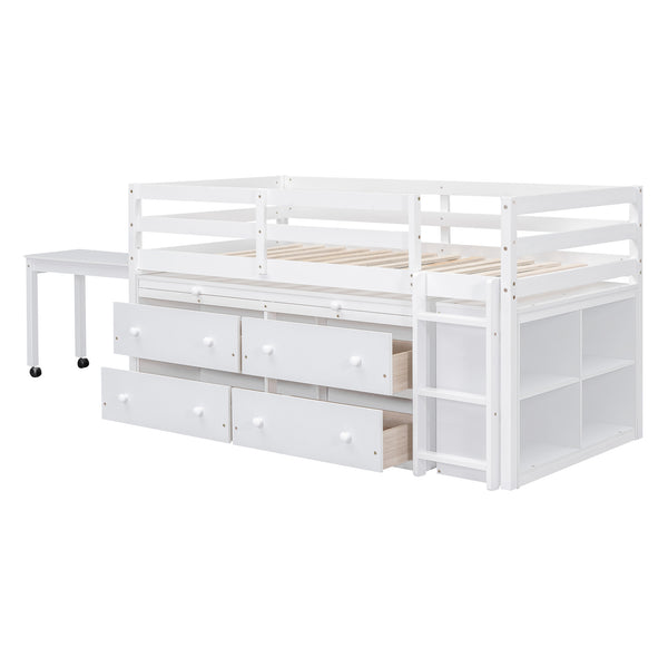 English Elm Twin Loft Bed Pinewood Frame Four Drawers Retractable Study Desk Kids Bedroom White LT000368AAK