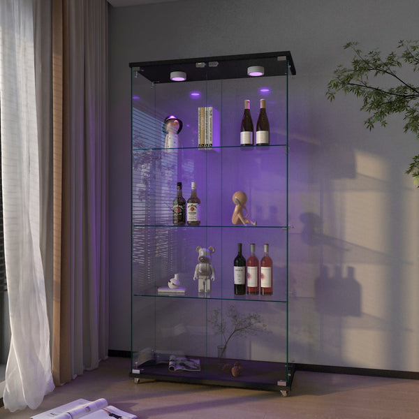 English Elm Modern Tempered Glass Display Cabinet With Led Lights - 2-Door, 4-Shelf Antique Style For Home & Retail W241S00055