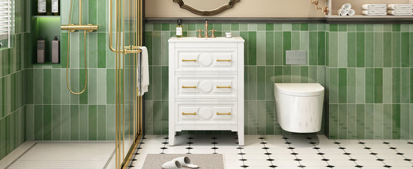 English Elm 24'' Bathroom Vanity with Ceramic Sink and 3 Drawers Retro Solid Wood Frame Freestanding Storage White N710P371184K