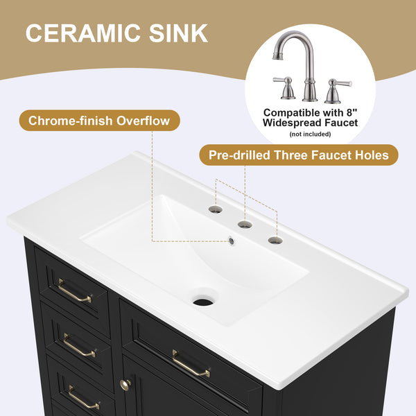 English Elm 36-Inch Modern Bathroom Vanity with Ceramic Basin, 4 Drawers & Soft-Close Door, Pre-Drilled Faucet Ready, Durable MDF and Solid Wood Construction (36"L x 18.3"W x 33.4"H) Black N725P296118B