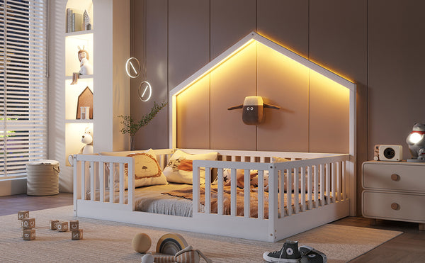 English Elm Twin Montessori Floor Bed House Frame with Led Lighting and Safety Rails for Kids White W2593P440604