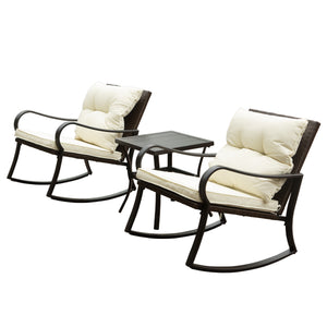 English Elm Metal Outdoor 2-Person Rocking Patio Set with Handwoven Wicker, Plush Cushions & Sturdy Table White W1859P399563