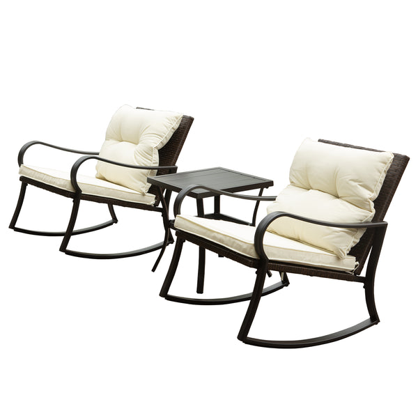 English Elm Metal Outdoor 2-Person Rocking Patio Set with Handwoven Wicker, Plush Cushions & Sturdy Table White W1859P399563