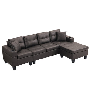 English Elm Sectional PU Sofa Set with L-Chaise, Built-In Cup Holders, Thick Foam Cushions, Modern 4-Seater Comfort Dark Brown 57.87 L x 28.35 W x 12.99 H W2297S00004