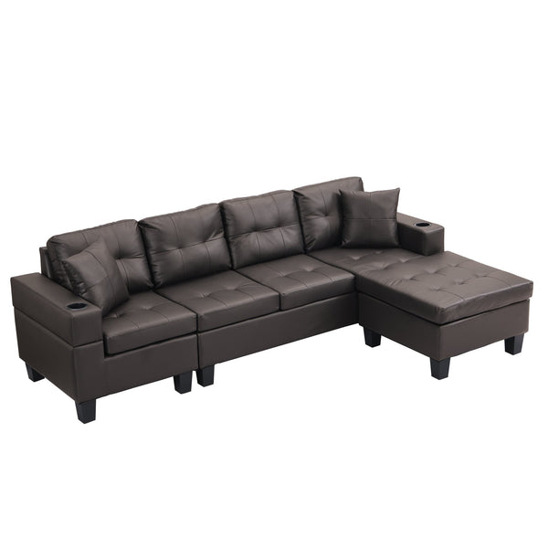 English Elm Sectional PU Sofa Set with L-Chaise, Built-In Cup Holders, Thick Foam Cushions, Modern 4-Seater Comfort Dark Brown 57.87 L x 28.35 W x 12.99 H W2297S00004