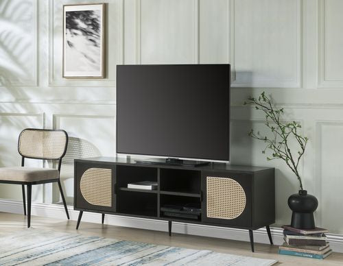 English Elm Colson Black Finish TV Stand with Rattan Insert, Metal Legs, 60" Max TV, 2 Doors & 4 Open Bays B2726P278170